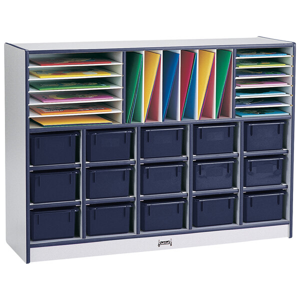 A Rainbow Accents navy laminate storage cabinet with shelves holding file folders and a file drawer.