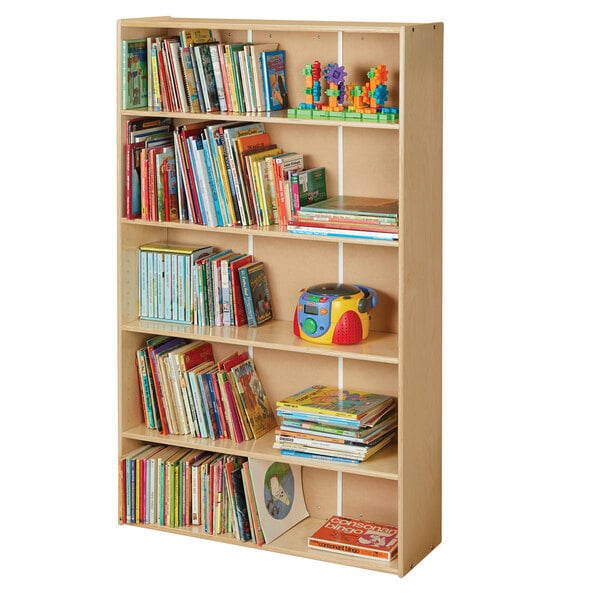 A Young Time natural tall bookcase filled with books.