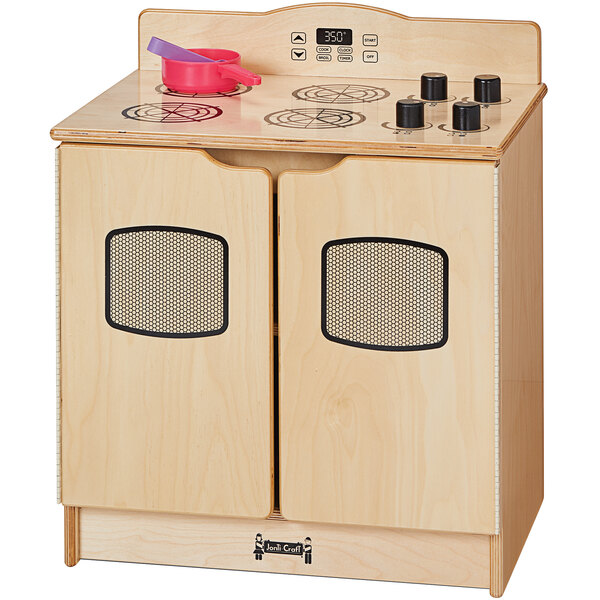 A Jonti-Craft wooden toddler kitchen stove with two pans on top.