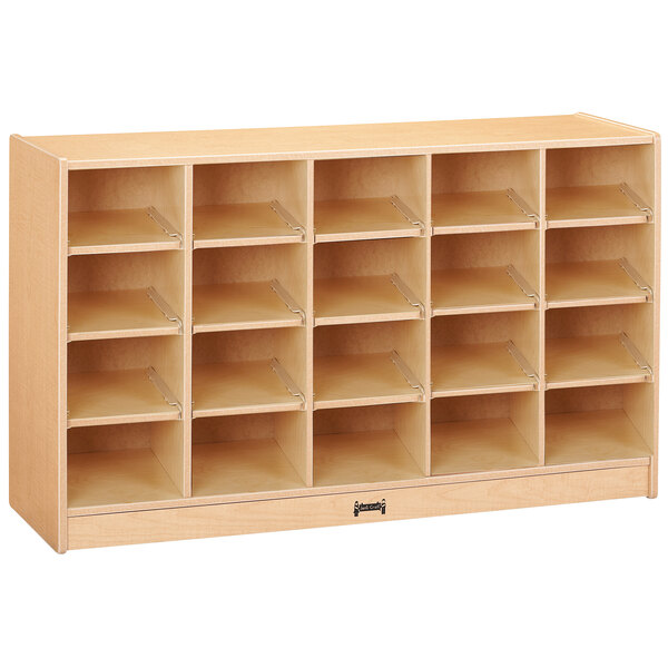 A Jonti-Craft wooden mobile storage cabinet with 20 cubbies.