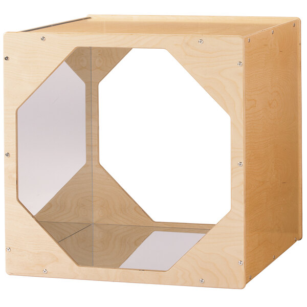 A wooden box with a clear window on one side.
