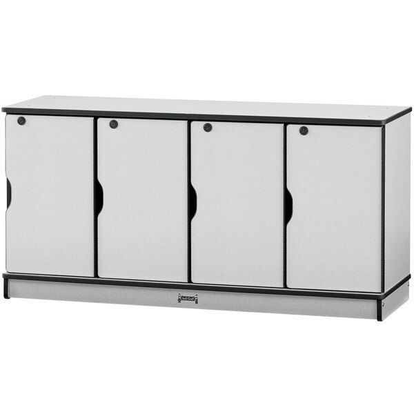 A white cabinet with black trim and grey accents.