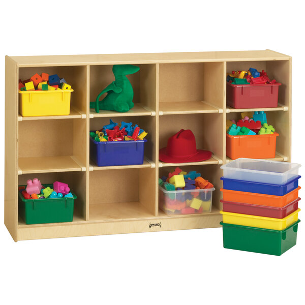 A Jonti-Craft wooden storage cabinet with colored plastic bins on shelves.