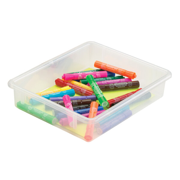 A clear plastic Jonti-Craft paper tray filled with colorful markers.