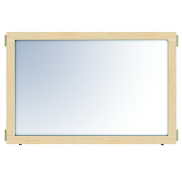 A wooden mirror with a white board frame.