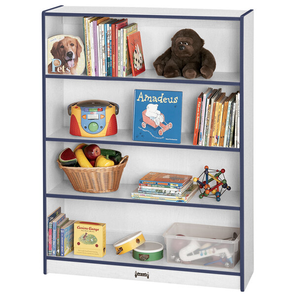 A navy Rainbow Accents bookcase with toys and books on it.
