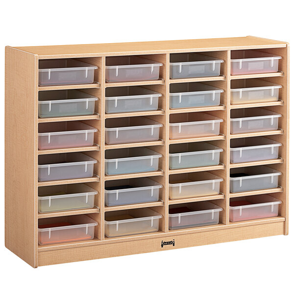 A wooden MapleWave paper tray storage unit with clear plastic bins.