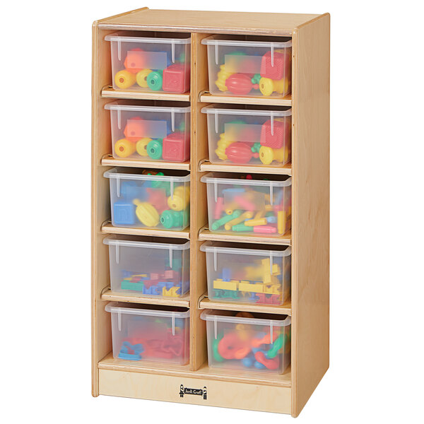 A Jonti-Craft wooden storage cabinet with clear plastic bins on shelves.