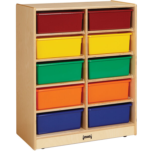 A Jonti-Craft wooden storage cabinet with many different colored rectangular and square bins on shelves.