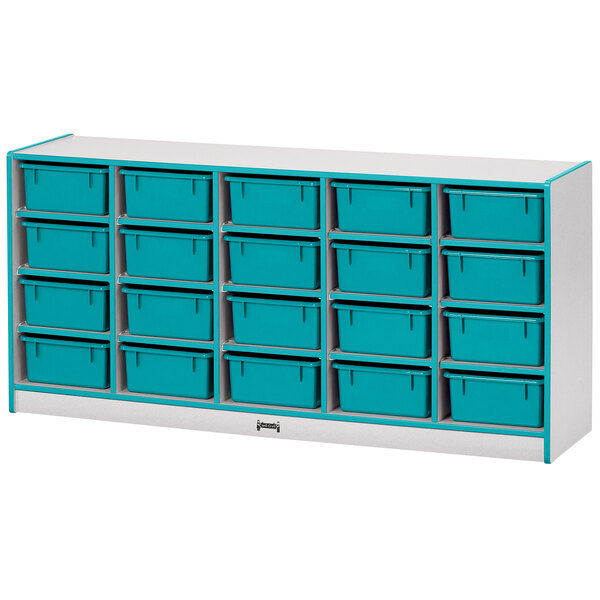 A white storage cabinet with blue accents and blue bins on the shelves.