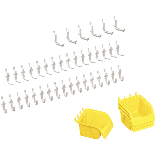 A row of Jonti-Craft yellow plastic bins with hooks on a white background.