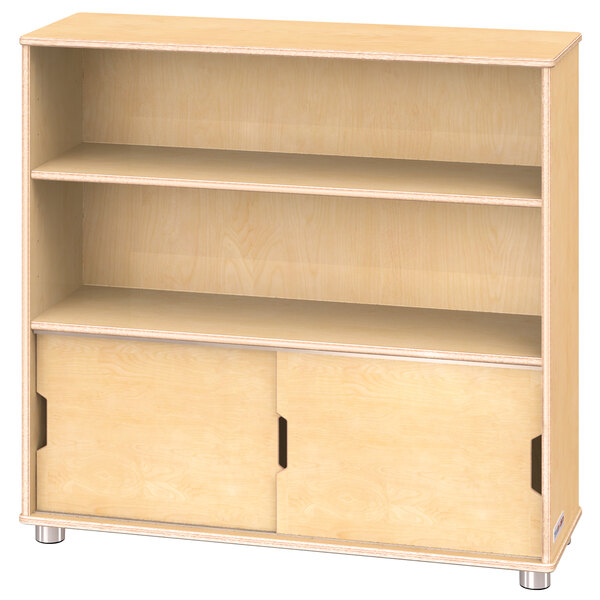 A wooden bookcase with two shelves and storage.