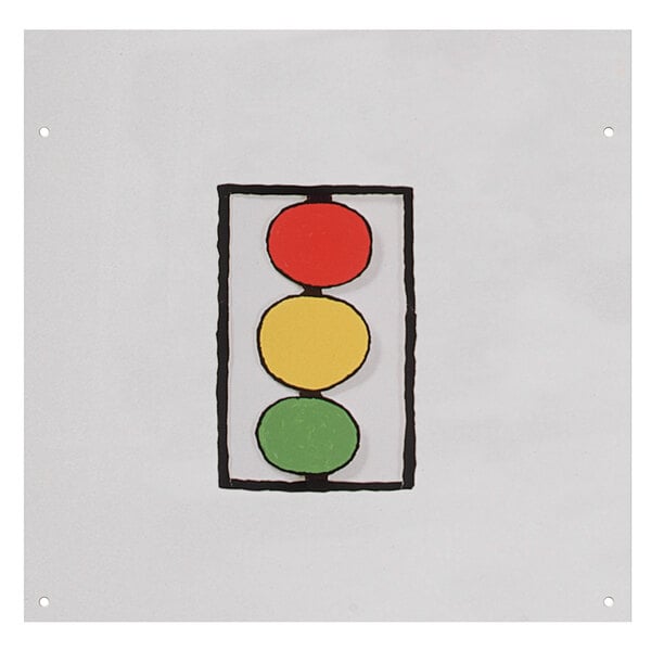 A drawing of a traffic light with a red, yellow, and green circle.