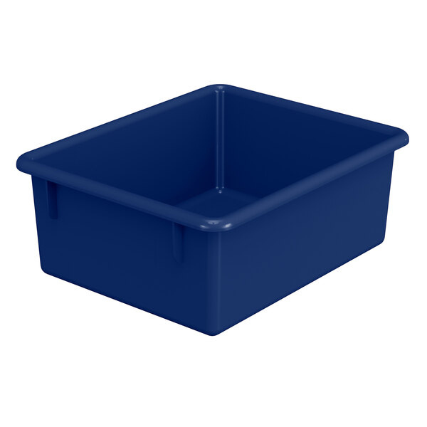 A navy blue plastic tub for classroom storage.