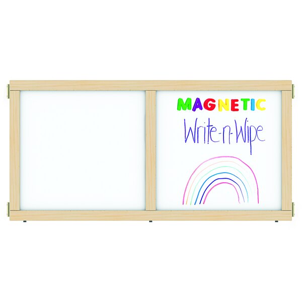 A white KYDZ T-Height magnetic write-n-wipe panel with rainbow writing.