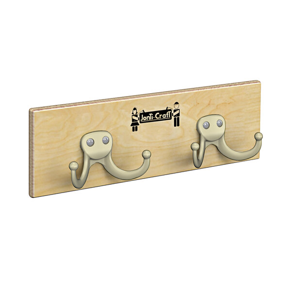 A Jonti-Craft wooden wall mount coat rack with two hooks.