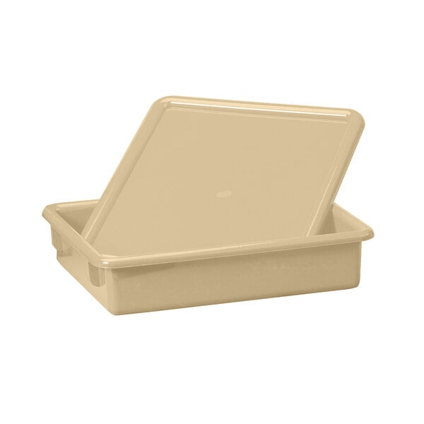An almond plastic paper tray for paper-tray storage units with a lid open.