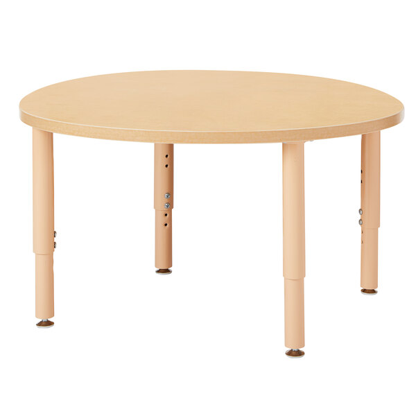 A Jonti-Craft Baltic Birch round table with adjustable legs.