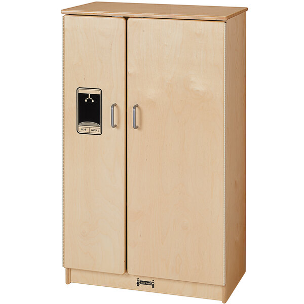 A Jonti-Craft school age kitchen refrigerator with a wooden cabinet, two doors, and two drawers.
