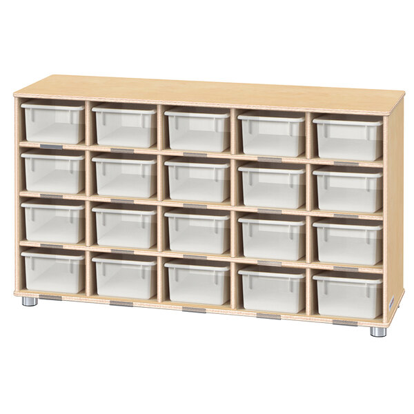 A white wooden shelf with a brown border and clear plastic bins.