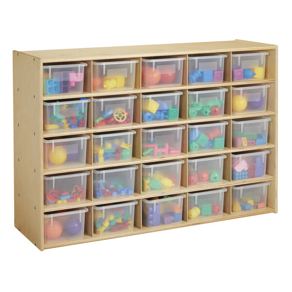 A wooden storage unit with clear plastic bins on shelves.