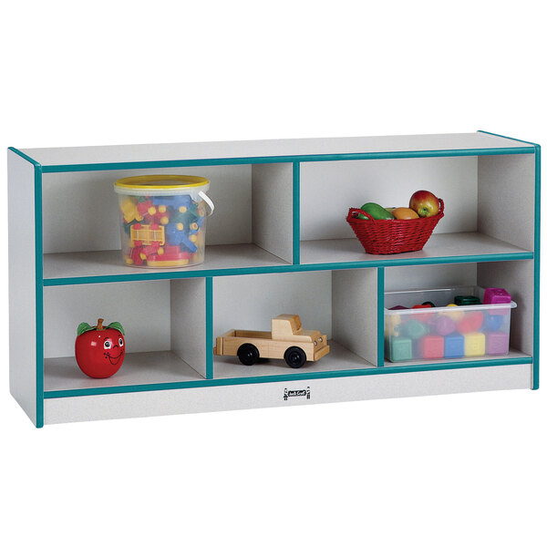 A white and blue Rainbow Accents toddler-height storage cabinet with toys inside.