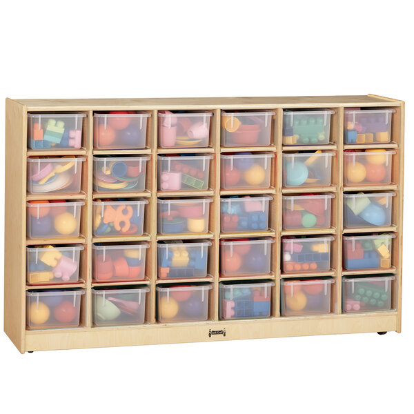 A Jonti-Craft wooden storage unit with clear plastic bins filled with colorful balls.