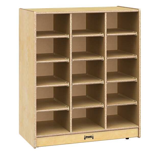 A Jonti-Craft wooden mobile storage cabinet with 15 cubbies.