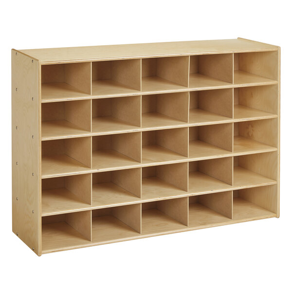A natural wooden Young Time storage unit with 25 cubbies.