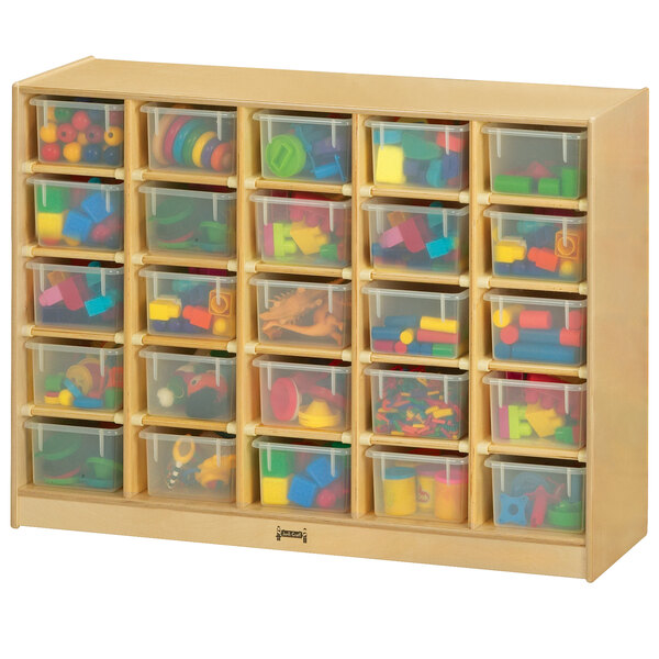 A Jonti-Craft wooden storage cabinet with plastic bins inside.
