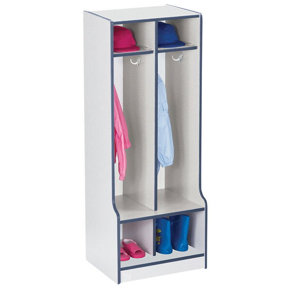 A white and blue Rainbow Accents 2-section coat locker with clothes and boots.
