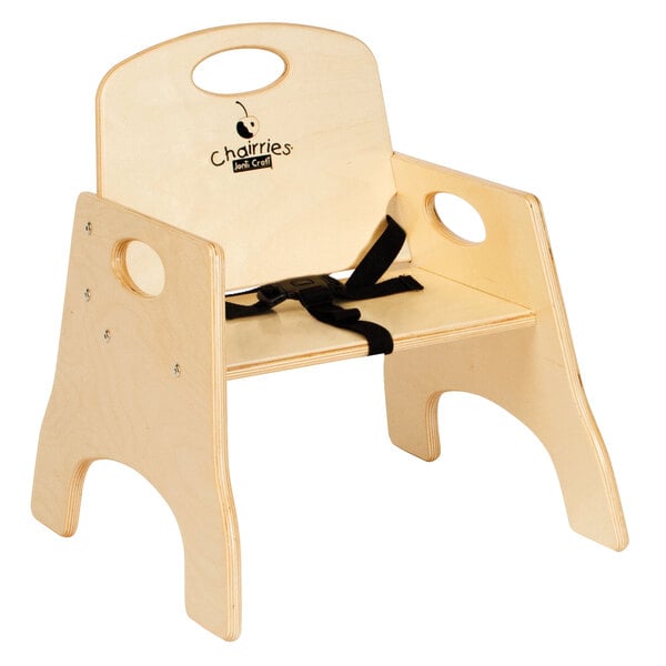 A wooden Jonti-Craft high chair with a black seat strap.