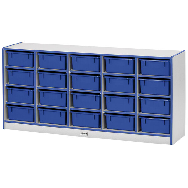 A white and blue Rainbow Accents storage unit with blue bins on a shelf.