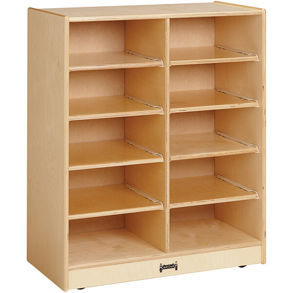 A Jonti-Craft wooden mobile storage cabinet with 10 cubbies.