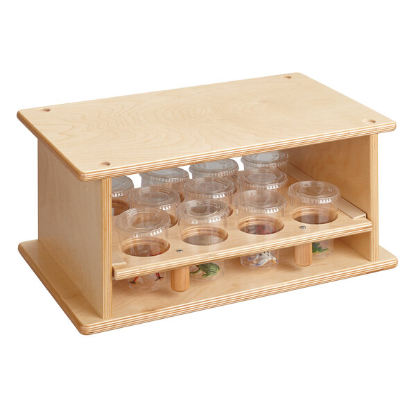 A Jonti-Craft wooden garden tray with six plastic cups.