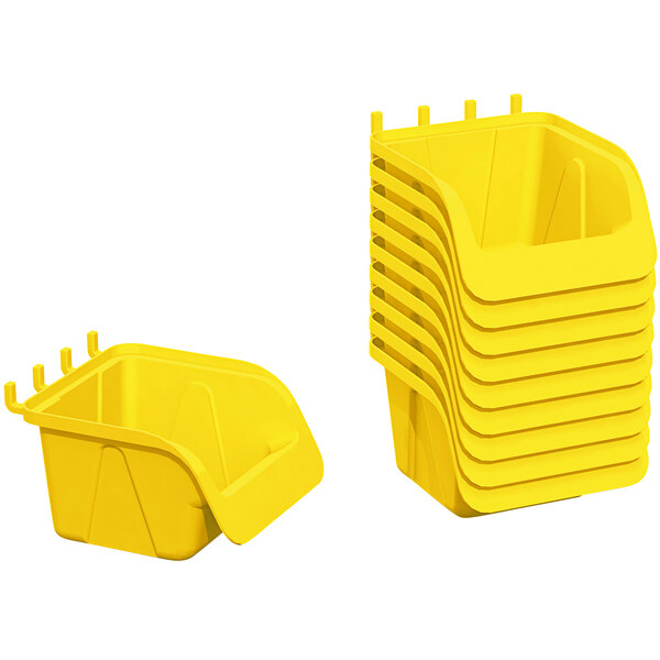 A stack of Jonti-Craft yellow plastic storage bins with lids.