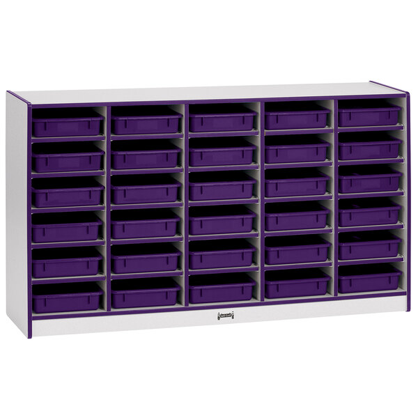 A white storage unit with purple trays.