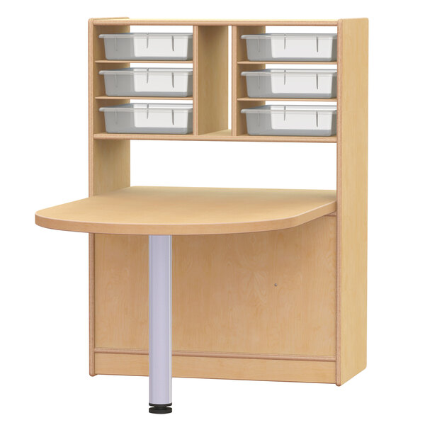 A Jonti-Craft wooden kids table with a shelf holding plastic paper trays.