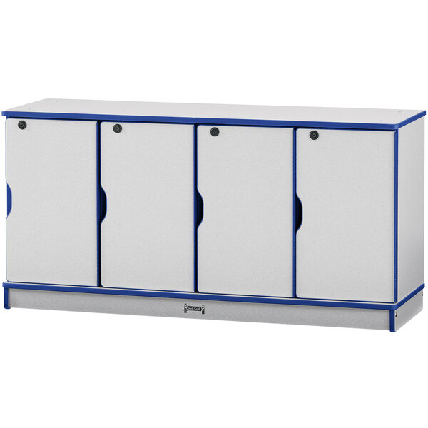 A white rectangular locker with blue accents and four doors.