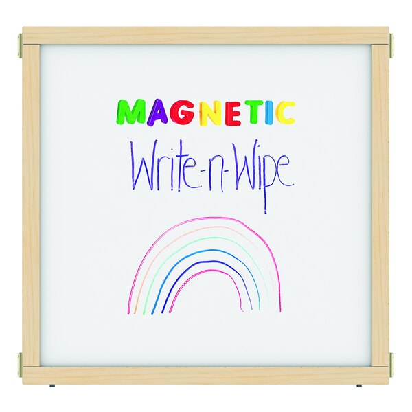 A white KYDZ Suite magnetic write-n-wipe panel with rainbow writing.