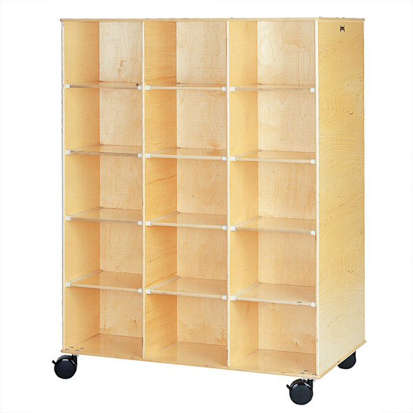 A Jonti-Craft wooden mobile storage cabinet with black wheels.