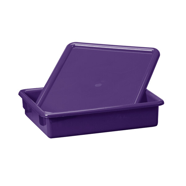 A purple plastic tray for paper storage.