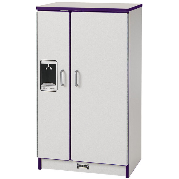 A white and purple Rainbow Accents kitchen refrigerator with handles.