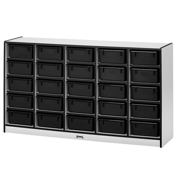 A Rainbow Accents black and white storage cabinet with black and white bins.