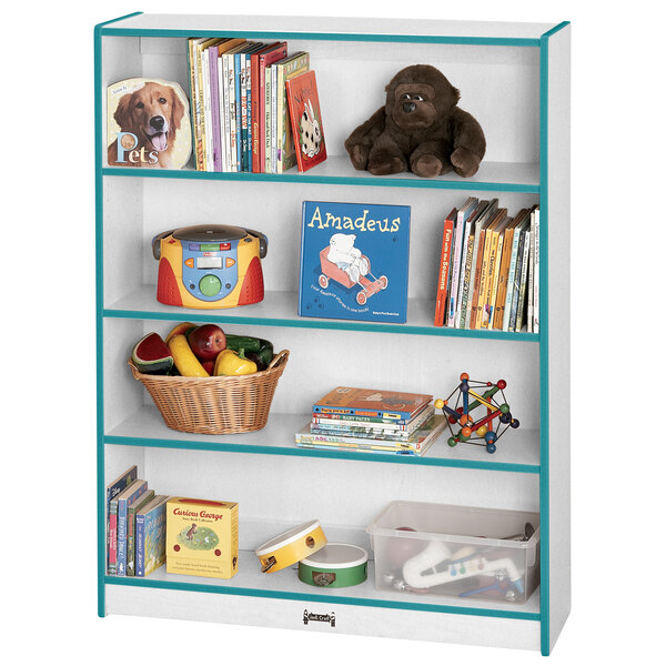 A white bookcase with toys and books on it.