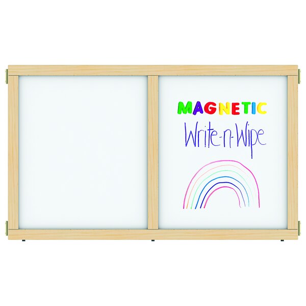 A close-up of a white KYDZ Suite magnetic write-n-wipe panel with a rainbow drawn on it.