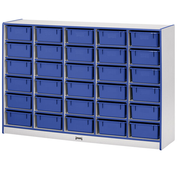 A white and blue storage unit with blue bins on the shelves.