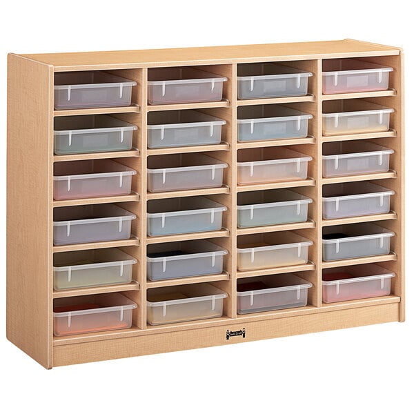 A Jonti-Craft wooden storage cabinet with clear plastic bins inside.