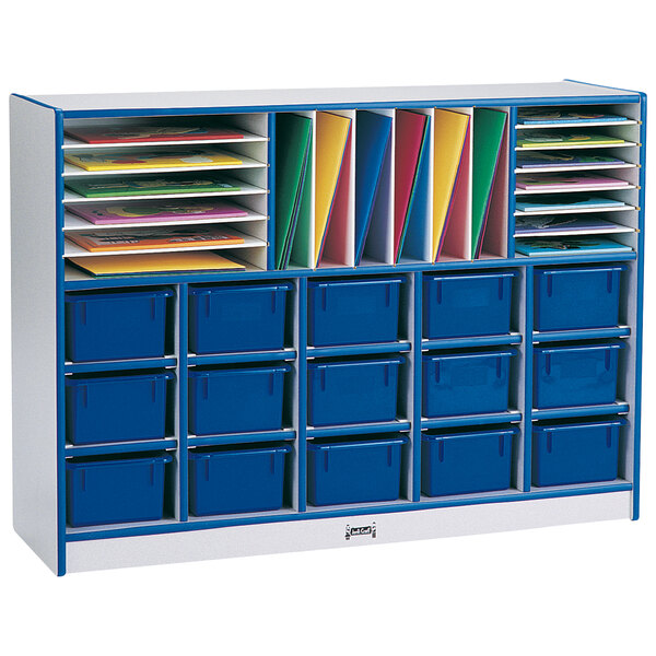 A blue and white Rainbow Accents storage unit with different colored folders.
