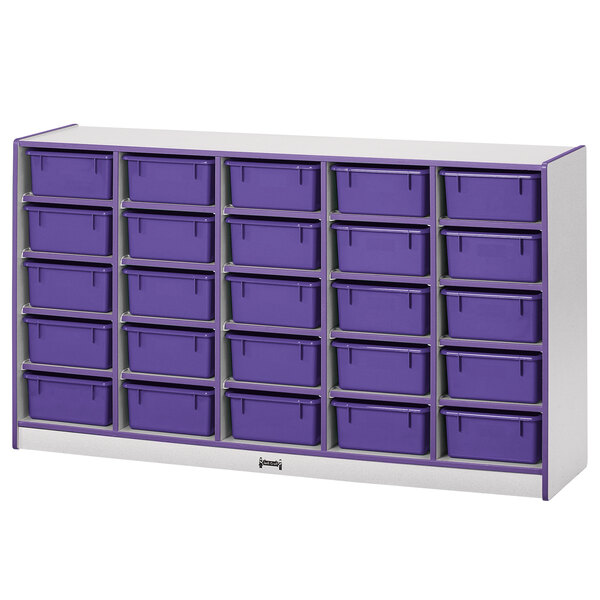 A white and purple Rainbow Accents storage cabinet with purple bins on the shelves.